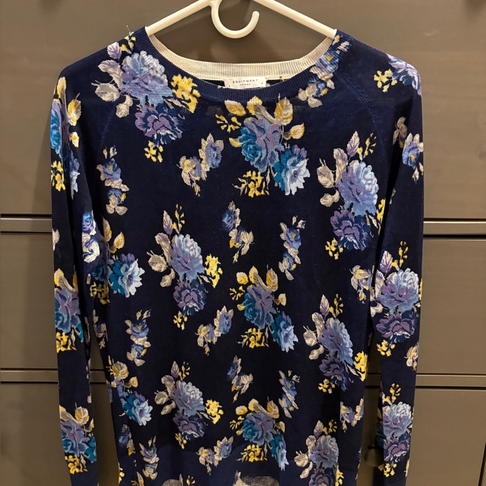 Equipment Navy Blue Floral Long Sleeve Silk Sweater